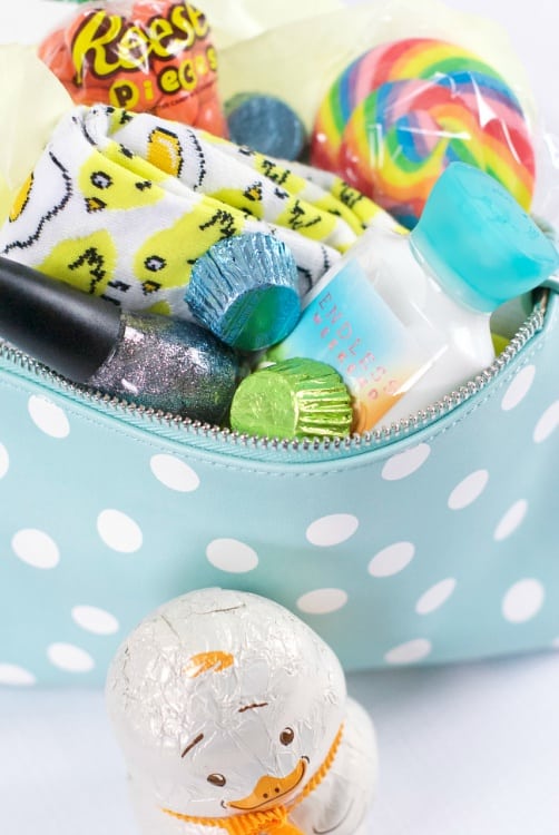 Fill your teens makeup bag with their favorite products like nail polish, cozy socks, lotion, Easter eggs and more.