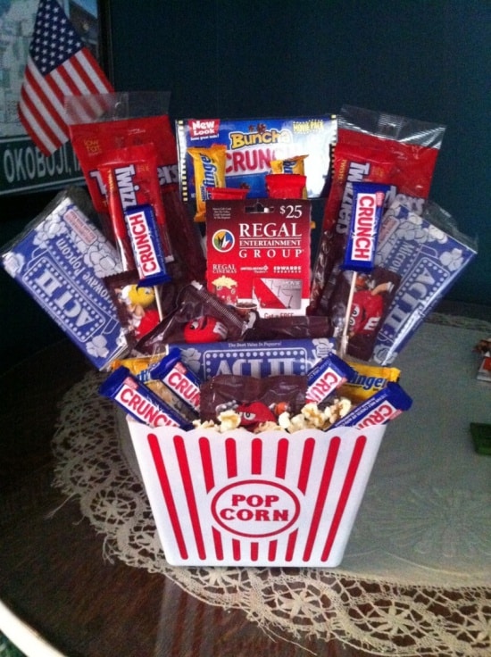 A great Easter basket alternative is a popcorn bucket filled with your go to movie essentials and movie gift card.
