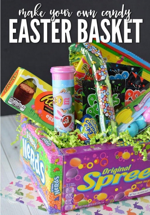 Create your own budget friendly Easter Basket by gluing 4 candy boxes together with a glue gun and filling with Easter themed treats.