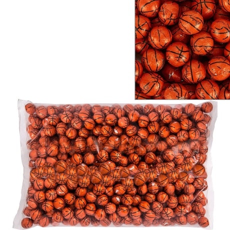 Large Bag of round chocolates individually wrapped with an orange basketball design wrapper for a basketball party favor.