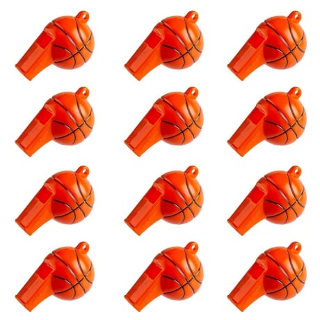 Set of 12 orange Party City whistles with basketball shape for kids party favor at basketball birthday party.