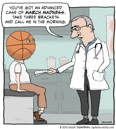 Meme cartoon of doctor prescribing a man with basketball head for March Madness 2019