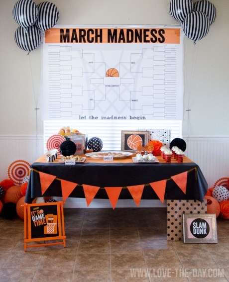 Free printable of March Madness bracket to enlarge and hang as wall decoration at March Madness Party.