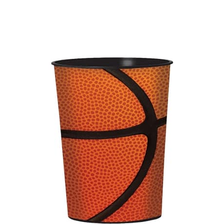 Single Orange and black hard plastic favor cup with printed image of a NCAA basketball.