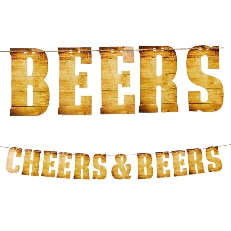 : Party Decoration Banner in wood print saying cheers and beers for an Adult basketball themed party decoration from Party City.