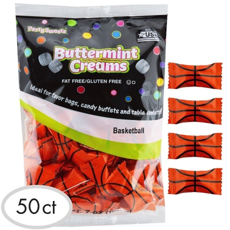 Party City party mints with orange basketball wrapper in a package of 50 individually wrapped candy favors.