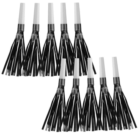 Set of 10 black and white noise makers to make a squawking noise when fans celebrate a victory at a March Madness Party.