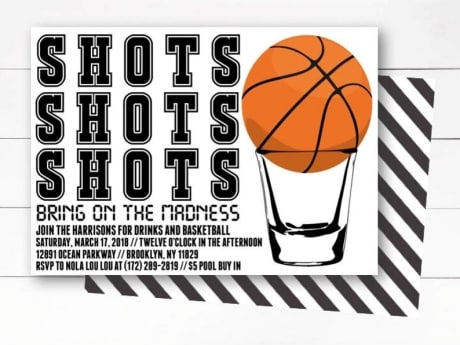 Shots March Madness Party Invitation on Etsy with shot glass and basketball .