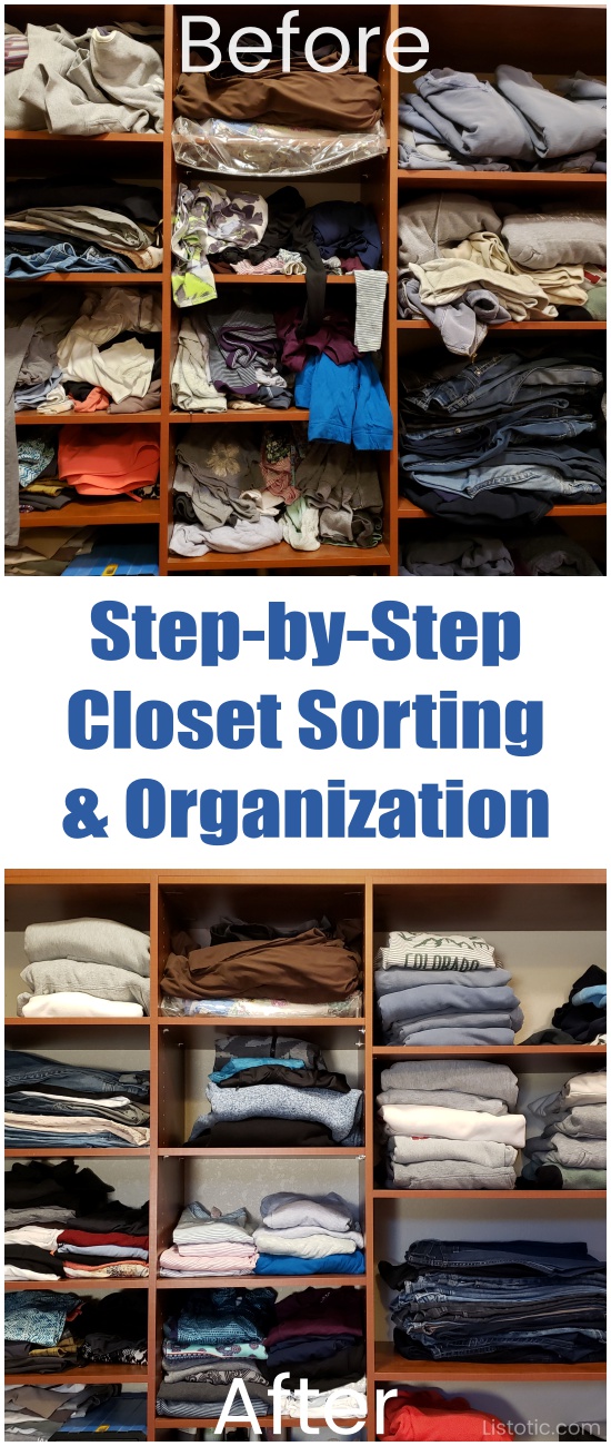 Step by step closet sorting and organization before and after pictures.