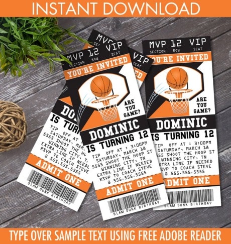 March Madness Party Invitation that look like basketball tournament game tickets.