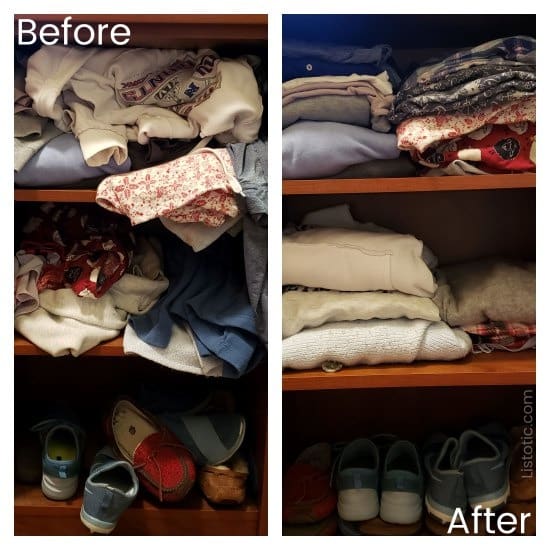 Closet organization by color from a mess to a declutter organized closet.