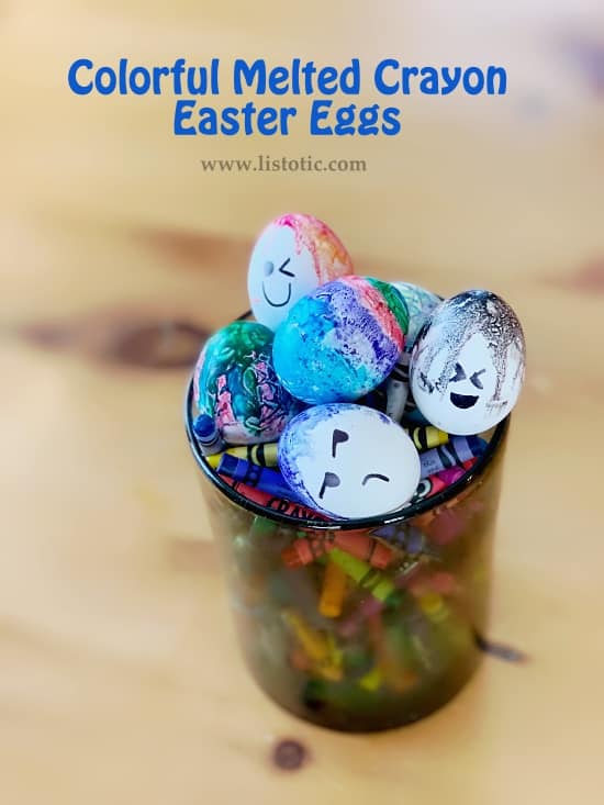 Hard boiled eggs Easter decorations and crafts for kids or adults using a variety of colorful melted crayons. 