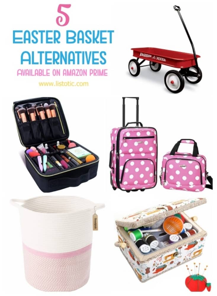 Easter basket alternatives including Radio Flyer wagon, luggage, makeupbag, hamper and sewing kit.