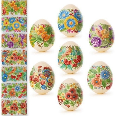 Birds, berries and colorful flowers on shrink wrap sleeves made for hard boiled eggs. 