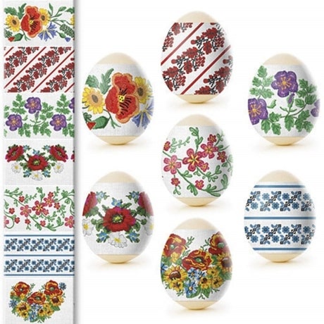 Variety of shrink wrap sleeves for Hard boiled Eggs with floral patterns and designs