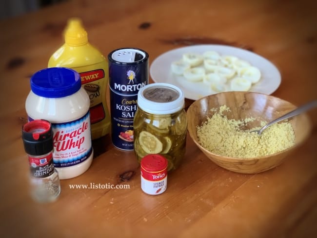 eggs mayo mustard dill paprika and other simple deviled eggs ingredients needed for an easy recipe