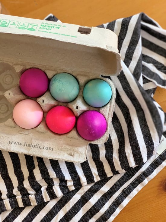 DIY Half dozen bight dyed Easter eggs in a egg carton for Easter decorating 