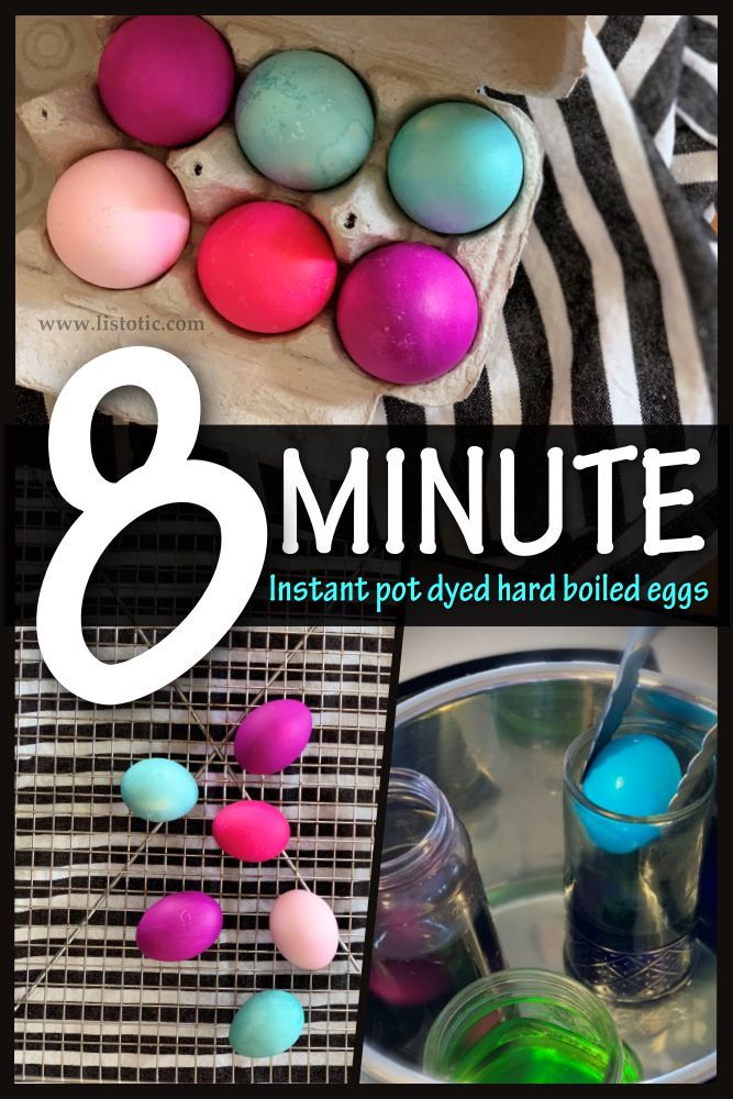 Half dozen hard boiled eggs dyed with bright blue pink and purple dye in the instant pot for 8 minutes.