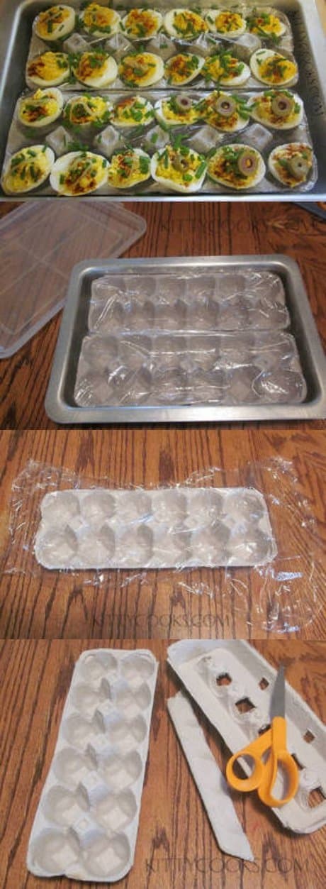 : recycled household products like egg cartons and plastic wrap are used in a step by step diy tutorial on how to transport deviled eggs in a carrier for travel to parties. 