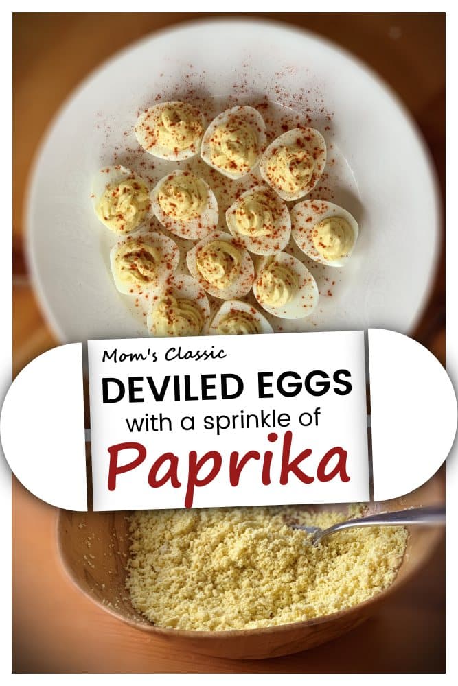 Step by step recipe instructions Pinterest Pin for how to make deviled eggs sprinkled with paprika.