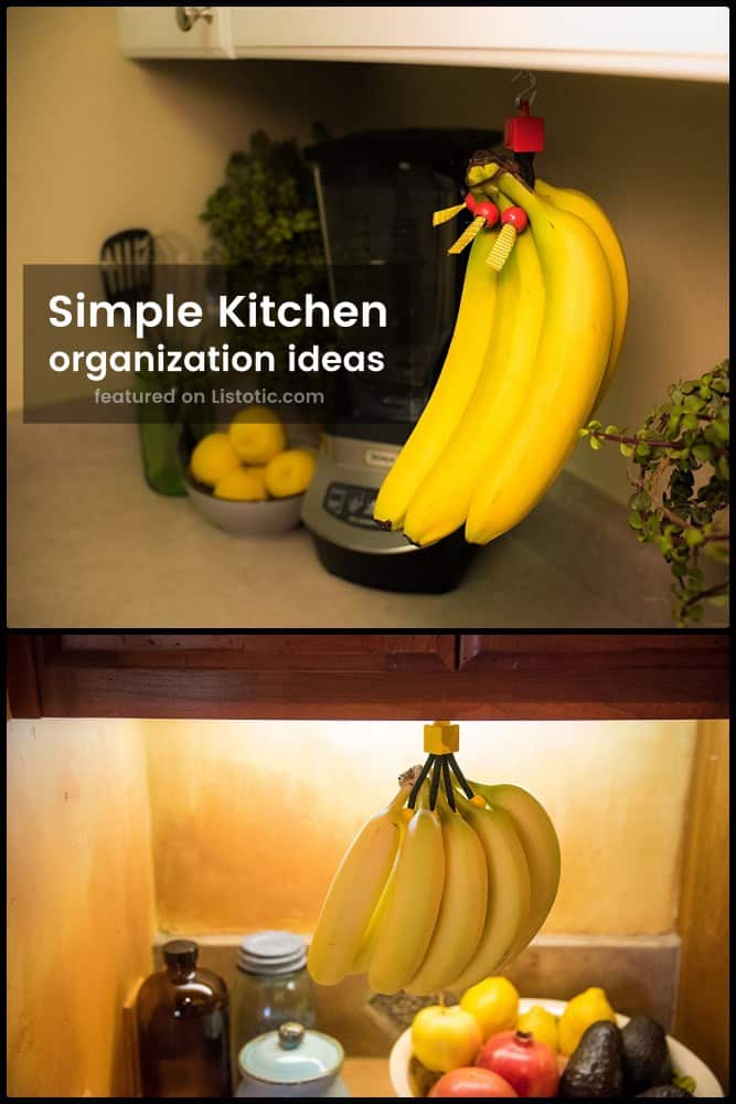 bunches of Bananas hanging above the kitchen counter. Holder for bananas that attaches under kitchen cupboards to help keep counters clear of clutter. 