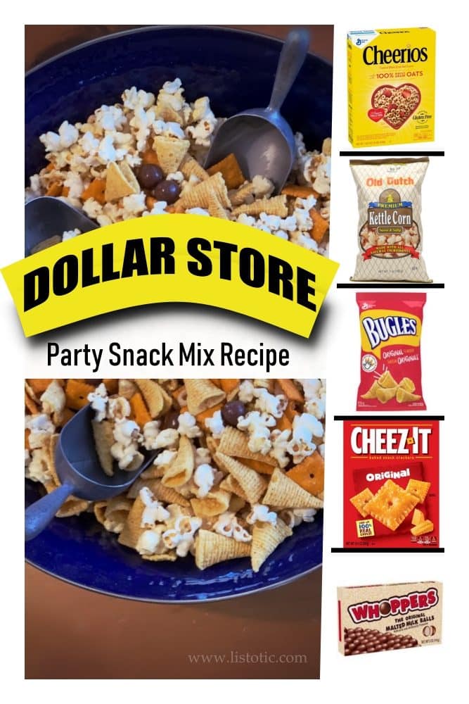Easy snack mix recipe with the ingredients bugles, cheez it, popcorn cheerios and whoppers mixed together in a large bowl for parties. 