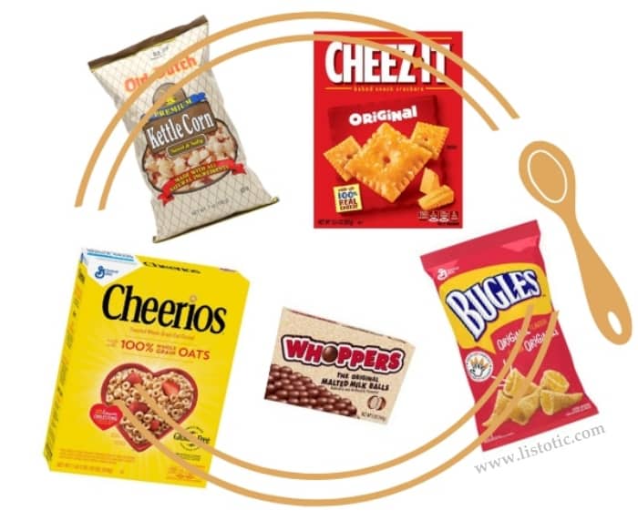 Bugles, Cheez it, popcorn, cheerios and whoppers are all Dollar Store ingredients for a no bake recipe to mix up for a large crowd or party. 