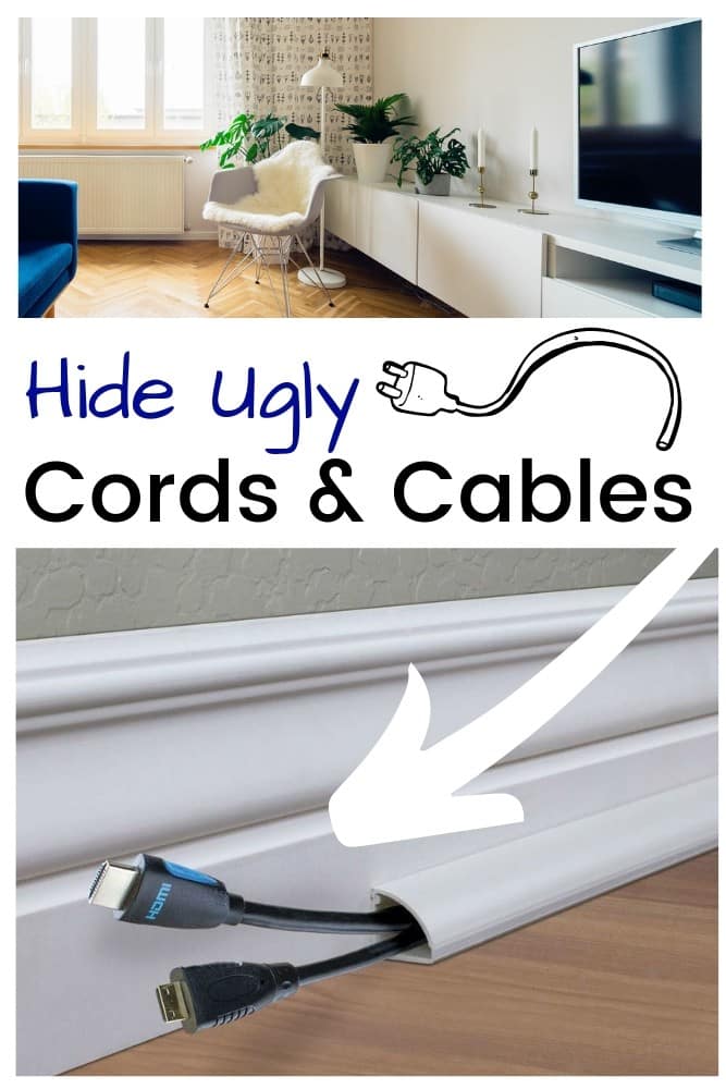 Baseboard channel to disguise and hide cords on floor leading to a mounted cable television behind TV stand in a living room.