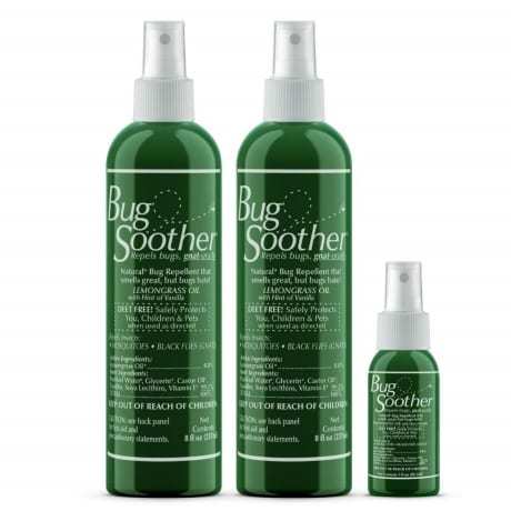 three green spray bottles of bug spray to repel mosquitos, gnats and flies