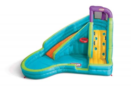 colorful little ties curved water slide with climbing wall and basketball hoop for kids to climb and slide down with water spraying on the slide. 