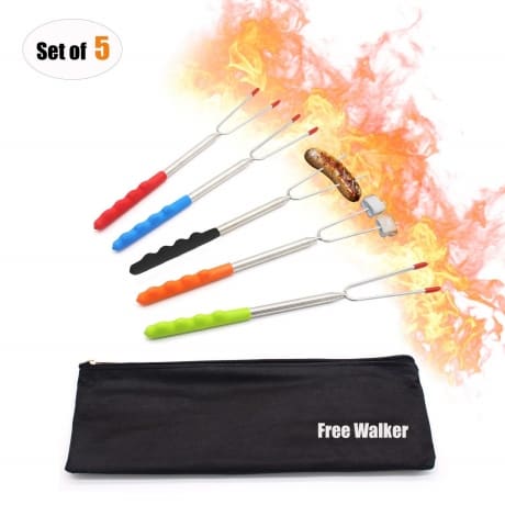 set of 5 different colored campfire roasting sticks great summer product for roasting marshmallows and hot dogs with travel bag