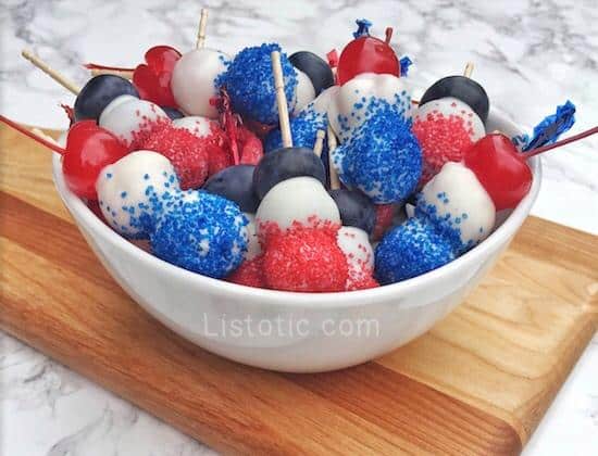 Bowl full of 4th of July fruit kabobs. Red, white and blue!