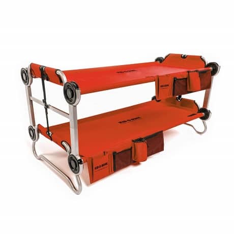 double red cot made into a bunk bed perfect for kids to sleep in while traveling. Hanging storage compartments and drink holder.