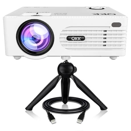 image of a white mini projector on a black tripod 