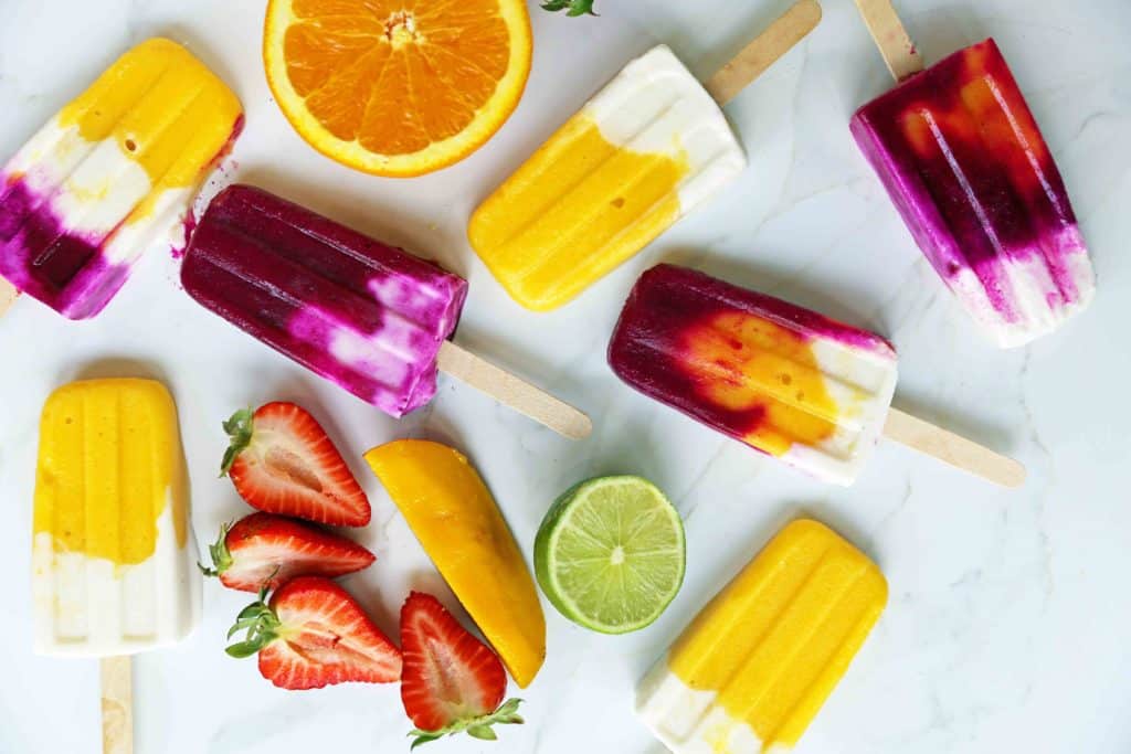 Yummy fruit based popsicles with a variety of colors and flaoros including berries, lemon, lime and orange. 