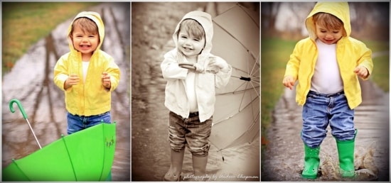 collage of a small boy wearing a yellow raincoat and green rain boots playing outside in the rain in a rain puddle holding a green umbrella 