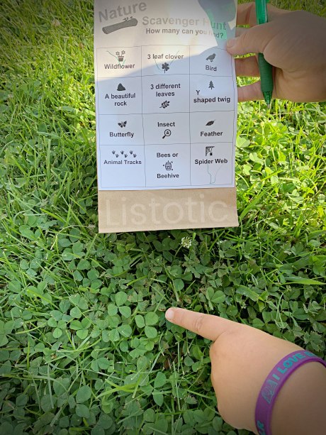 kids hand pointing to a 3 leaf clover in the grass on an outdoor nature scavenger hunt. 