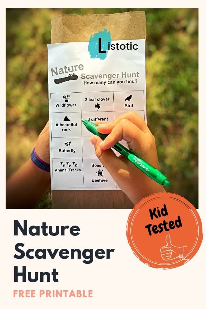 Nature Scavenger hunt free printable being used on a brown paper sack with a kid checking off the bingo shaped box of images and words found in this outdoor activity.