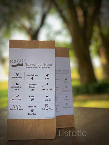 Paper lunch sacks sitting on an outdoor table ready to be used for a Nature Scavenger Hunt in the backyard 