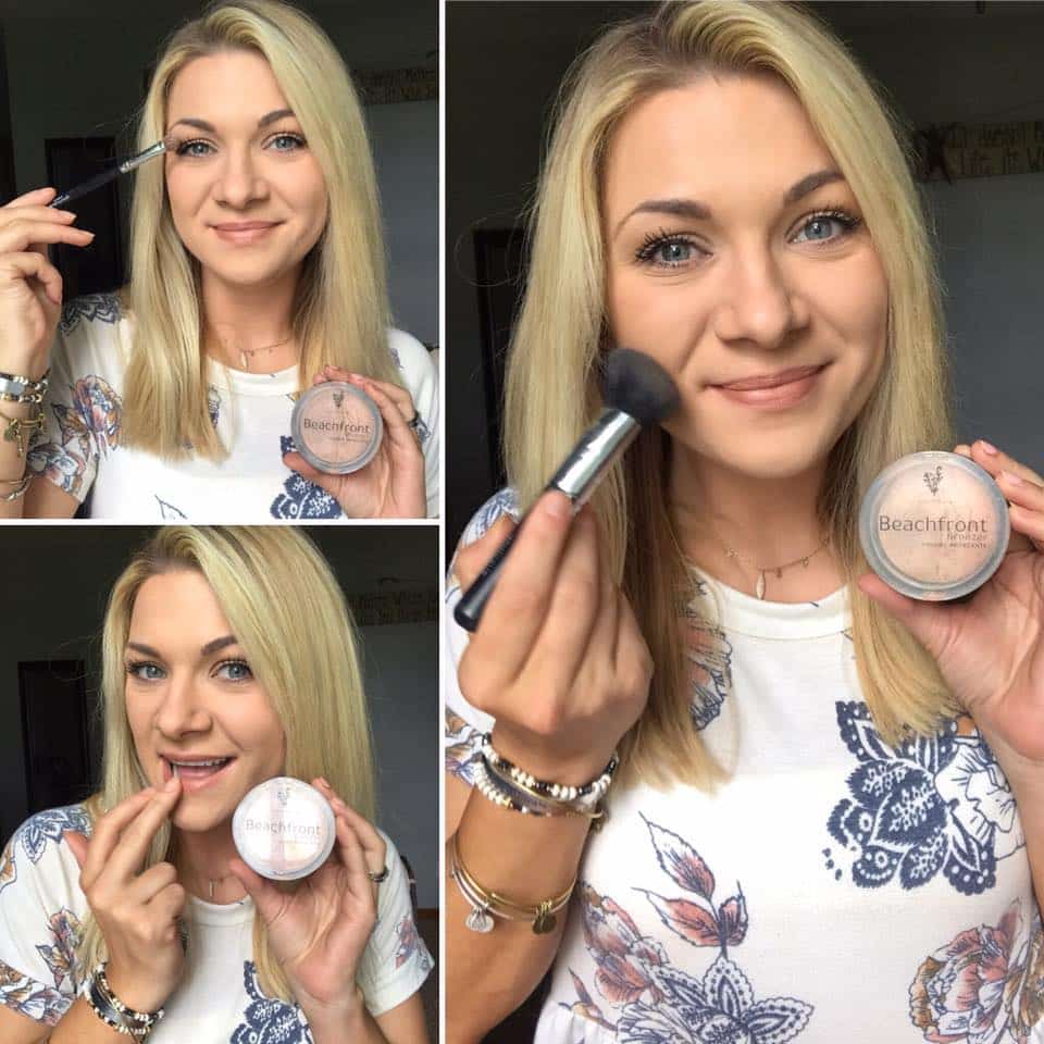 Woman showing where to apply bronzer to achieve a sun-kissed bronzed glow.