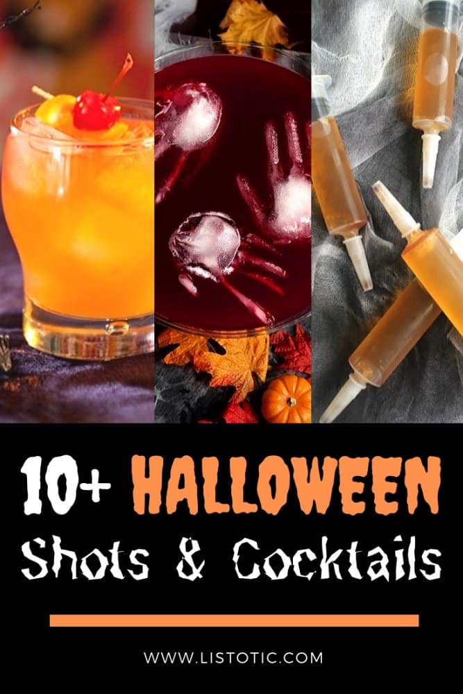 Halloween shots and cocktails including Zombie cocktail, jello shot syringes and hand ice cubes.