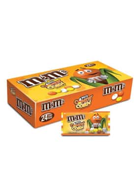 Box of individually packaged candy corn m&m candies for Halloween 