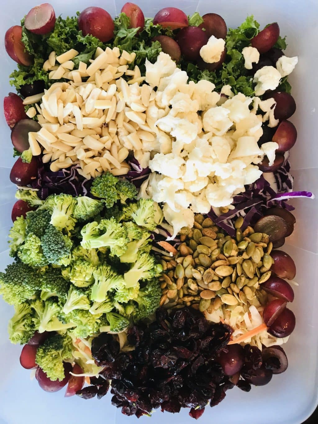 Whole 30 Detox Salad with broccoli, califlower, almonds, grapes, pumpkin seeds and more super foods.