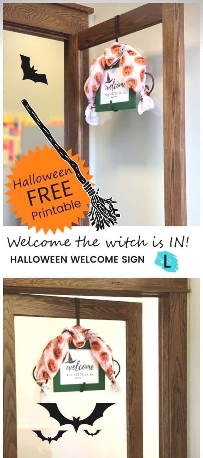 Office door dressed up for Halloween with a Welcome the Witch Is In sign in a frame and a pumpkin scarf decorating the framed Halloween printable. 