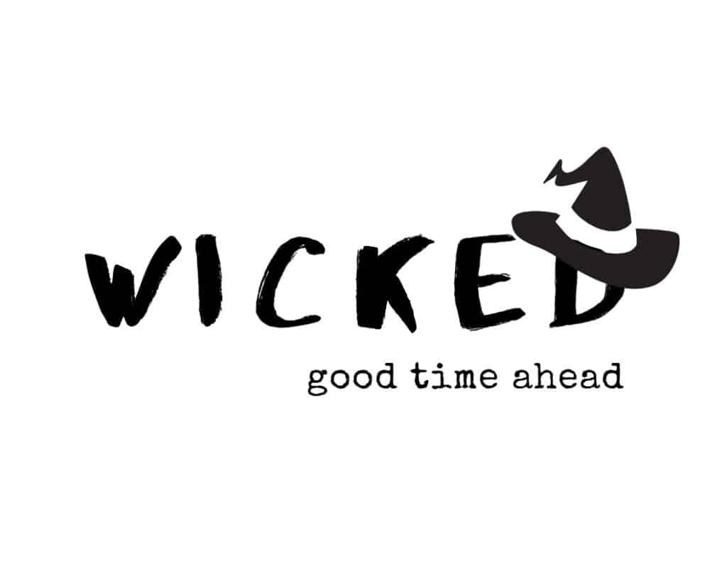 Free printable black and white welcome sign that says Wicked good time ahead with a black witches hat.