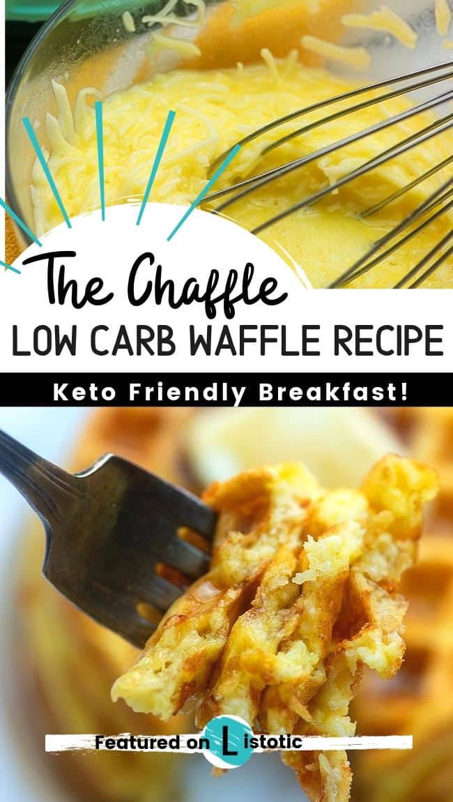 Cheese and egg combined in a mixing bowl and a picture of the finished product after it was placed in a waffle iron. A fluffy bite of Keto-friendly low carb waffles dripping in sugar-free syrup.