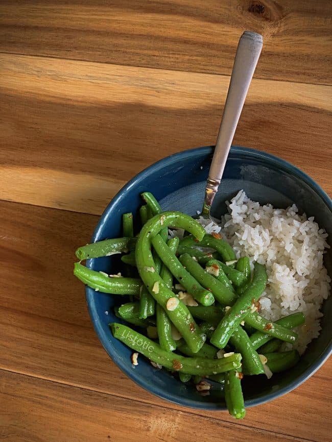 Bowl of green beans and rice.