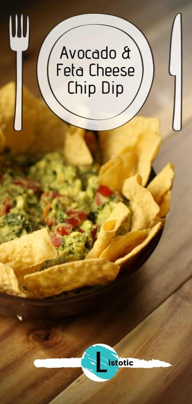 Chip bowl with green avocado feta cheese and tomato dip perfect appetizer