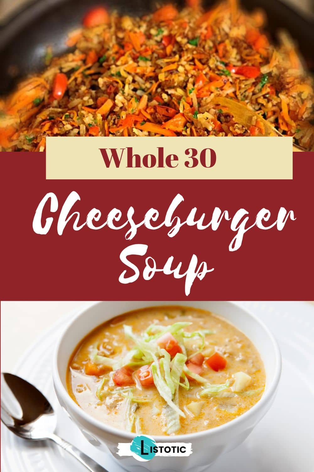whole 30 cheeseburger soup in a bowl topped with shredded lettuce and diced tomatoes