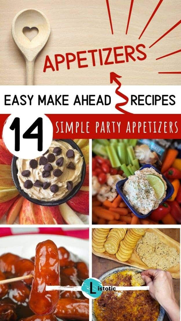 Collage image of the Best make ahead party appetizer recipes to get you ready for the holidays with veggies fruits cheese and deviled eggs.